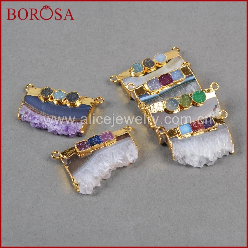 

BOROSA 1piece Gold Color Amethysts Druzy Slice & Three Rainbow Druzy Geode Connector Pendant for Necklace G0720