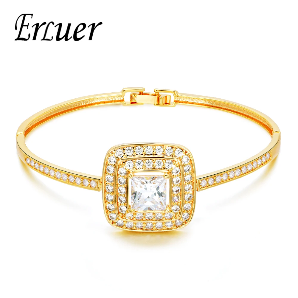 

ARUEL Women Wedding Charm Square Cubic Zircon Crystal Fashion Jewelry Bracelet Bridal Luxury Gold Color Party Gift Bangles