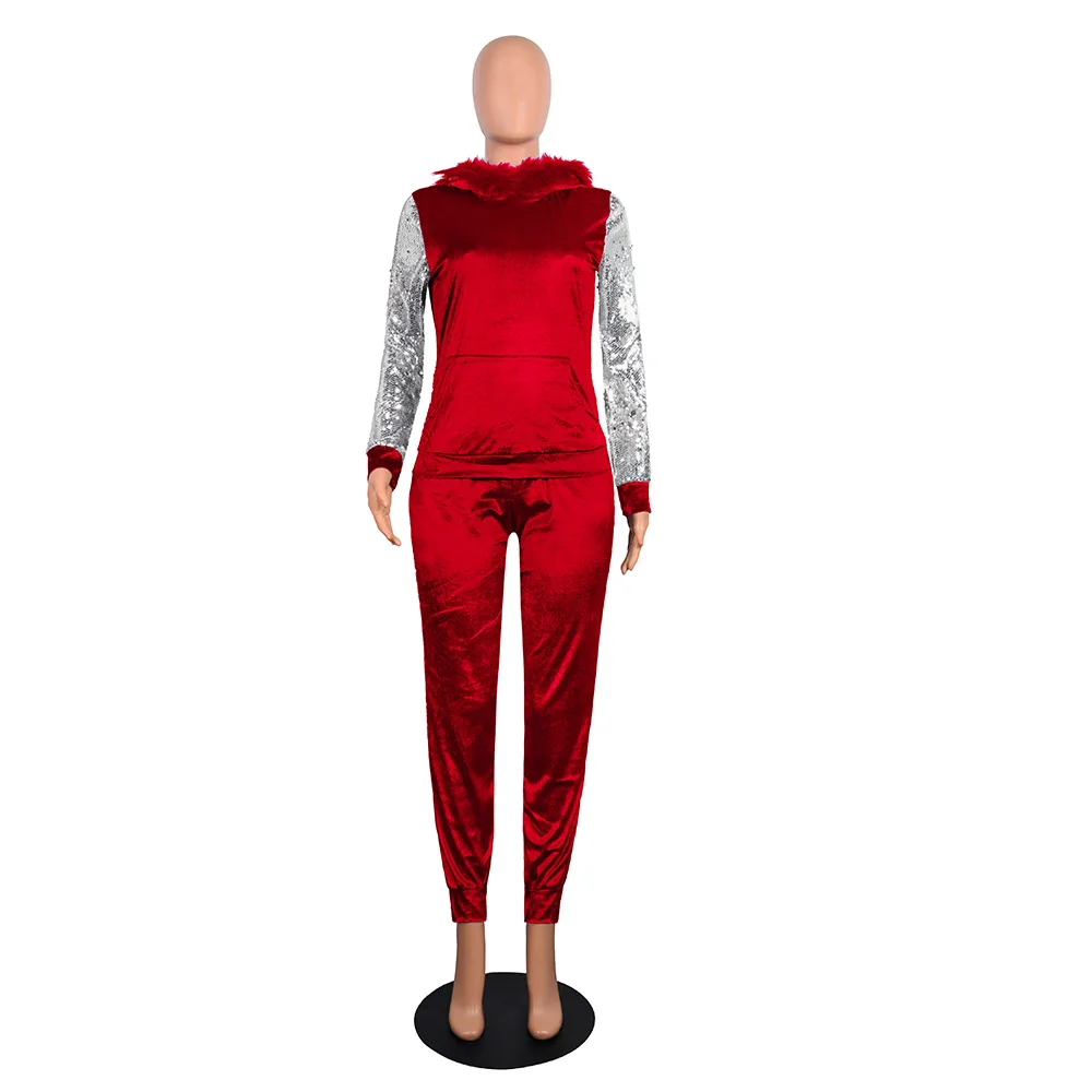 HAOYUAN Бархатный спортивный костюм из двух предметов; осенне-зимняя одежда; плюшевые толстовки с блестками; топы и брюки; Спортивный костюм; велюровые Женский комплект 2 шт - Цвет: Красный