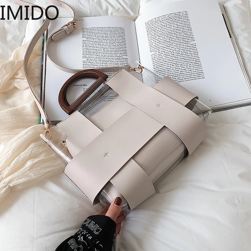 IMIDO شفافة حقيبة يد المرأة مركب أكياس 2019 جديد أزياء 2 قطعة الإناث أعلى-هندل حقيبة كتف Bolso موهير مصمم الفاخرة