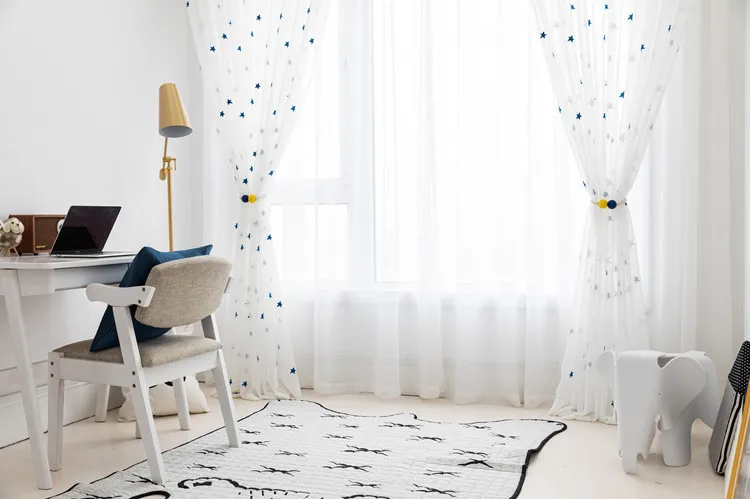 Embroidered Blue Star Tulle Curtains For Living Room Soft Sheer Curtains For Window Bedroom Curtains Fabrics Drapes 300&30