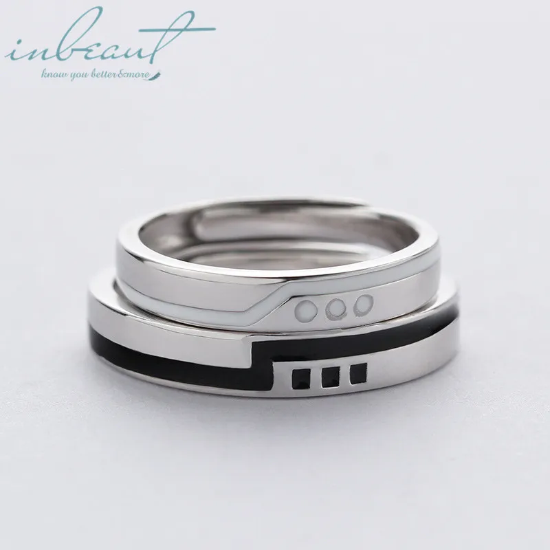 

inbeaut S925 Sterling Silver White&Black Subway Platform Counple Rings Female Original Design Lovers Meet Gather Ring for women