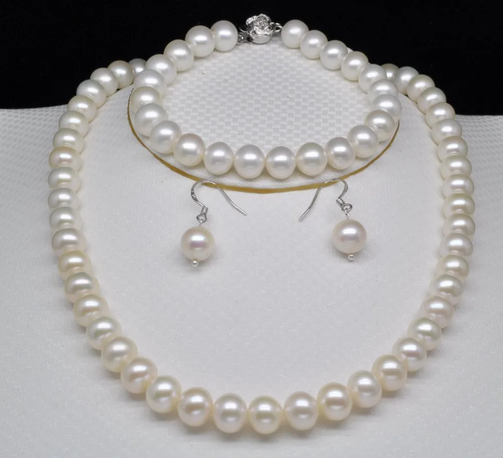 

charm Jew.656 white 9-10mm Round pearl necklace&bracelet&earring jewelry set (A0516)