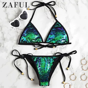 

ZAFUL Bikini 2020 Women Sequined Scrunch Butt String Bikini Set Self-Tie Halter Shinning Sequins Swimsuit Low Waisted Swimwear