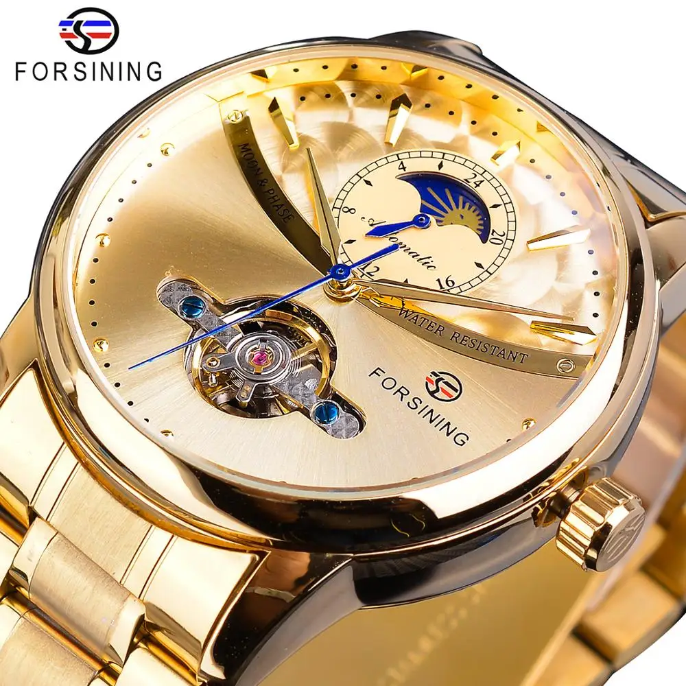 

Forsining Tourbillon Automatic Men Watch Classic Golden Male Clock Moon Phase Mechanical Stainless Steel Band Wristwatch Relogio