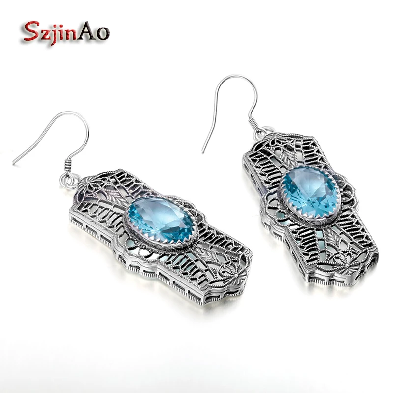 

Szjinao Bohemia Retro Fashion Vintage Earrings Hollow-out real 925 Sterling Silver egg-shaped Aquamarine Earrings