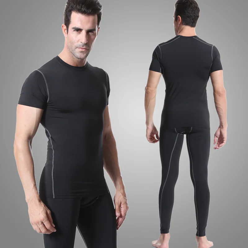 Комплект мужской одежды для бега компрессионная рубашка брюки трико костюм спортивные костюмы фитнес-Спортзал Бодибилдинг футболка леггинсы черный спортивный костюм