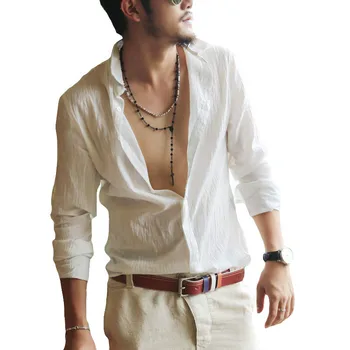 

Summer Thin Cotton Linen Shirt Men Long Sleeve Casual Social Swag Hawaiian Shirts Male Camisas Transparent Slim Fit Black White