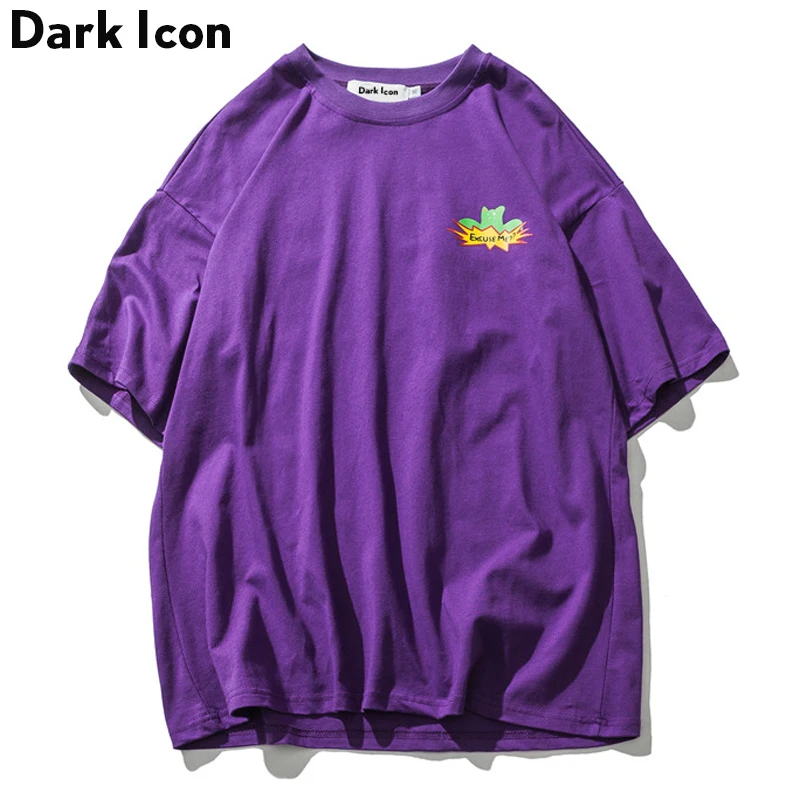 Kopen Dark Icoon Gedrukt O hals Oversized Tee Shirts Mannen 2019 Zomer Streetwear Mannen T shirts Korte Mouwen T shirts Katoen Paars