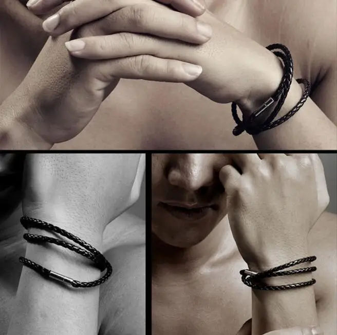

LA144 Men's And women European multilayer Leather rope braided twist bracelet Hand-woven Alloy suction bracelet 1pcs