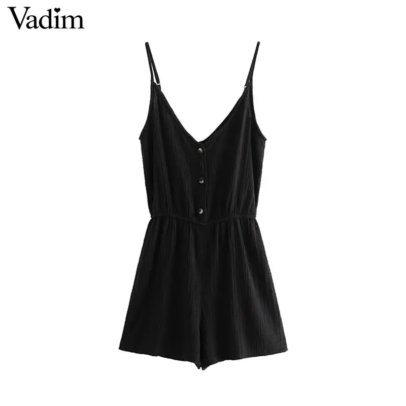 

Vadim women Fashion black V neck playsuits sleeveless adjustable straps elastic waist buttons female chic casual jumpsuits KB073
