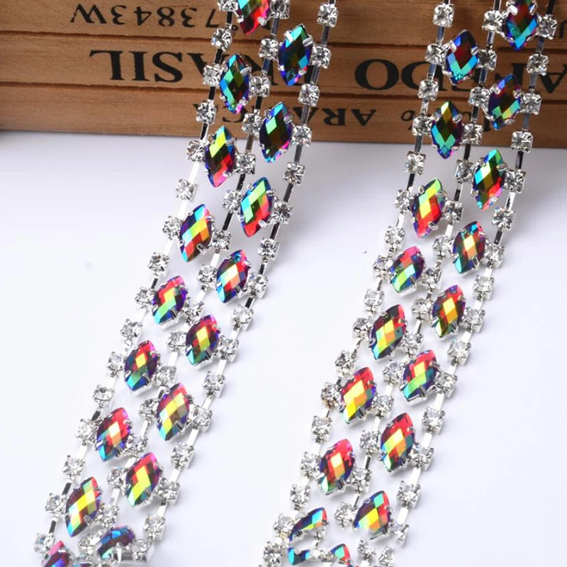 

1-10Yards Crystal Rhinestone Trim Cup Chain Silver Base With Claw Dress Decoration Trim Applique Sew on Garment Bags 23mm