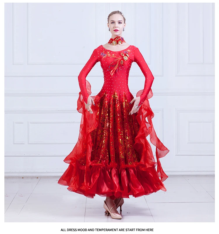 2018新しい王室勒赤いグリーンローズ新しいスタイル社交スタンダードダンスドレスワルツ競争ドレスレディ社交ダンスドレス