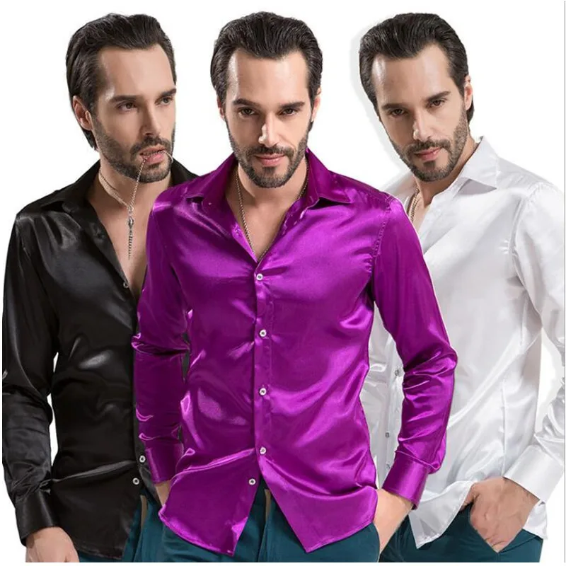 Image New 2017 Leisure Brand Clothing High grade Emulation Silk Long Sleeve Shirts Men s Casual Shirt Shiny Satin Tuxedos Shirts