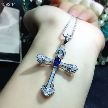

[MeiBaPJ]Natural Sapphire Cross Pendant Necklace with Certificate 925 Pure Silver Blue Stone Fine Charm Jewelry for Women