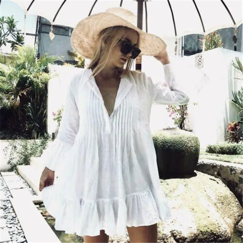 

Women Newest Summer 2019 Holiday loose Solid white Bikinis Cover Up Swimwear Bathing long sleeve ruffles Beach Blouse