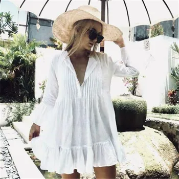 

Women Newest Summer 2019 Holiday loose Solid white Bikinis Cover Up Swimwear Bathing long sleeve ruffles Beach Blouse