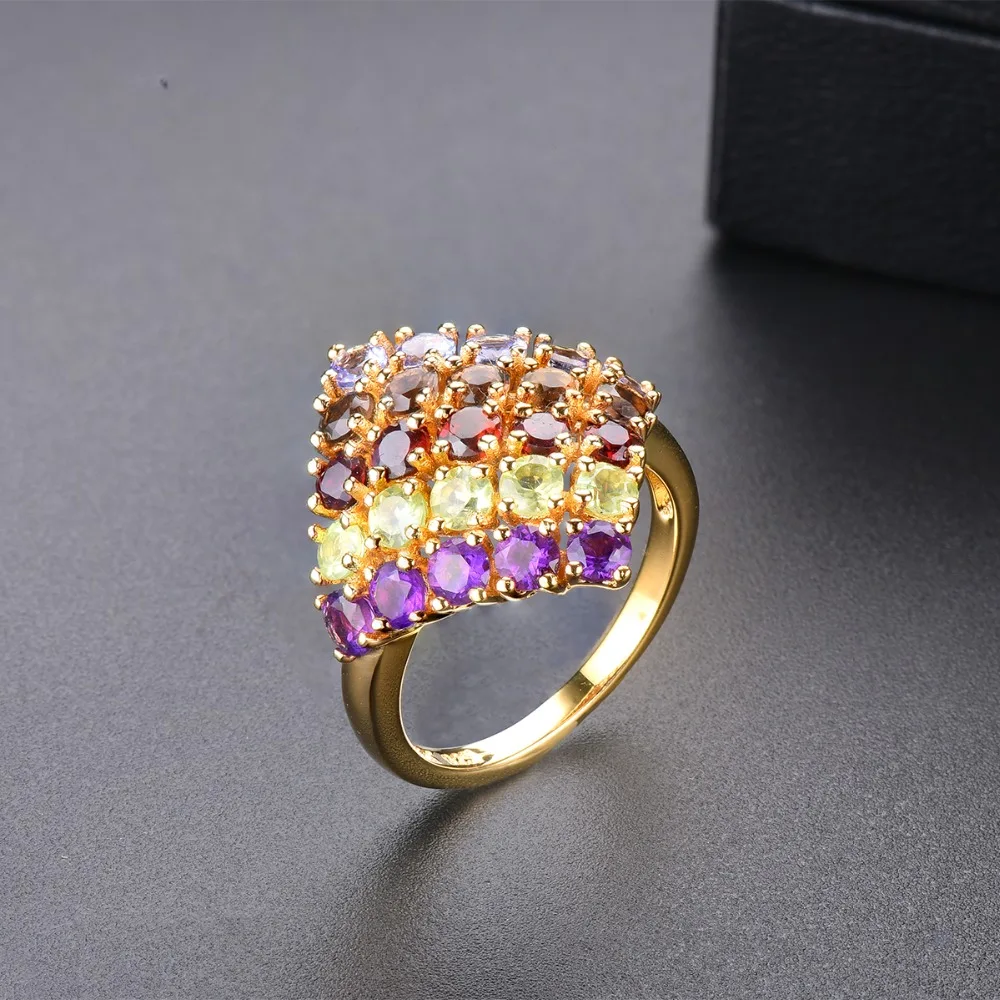 HUTANG Gemstones Rings Gold Solid 925 Sterling Silver Ring Natural Tanzanite Garnet Amethyst Fine Stone Jewelry Women Girls New