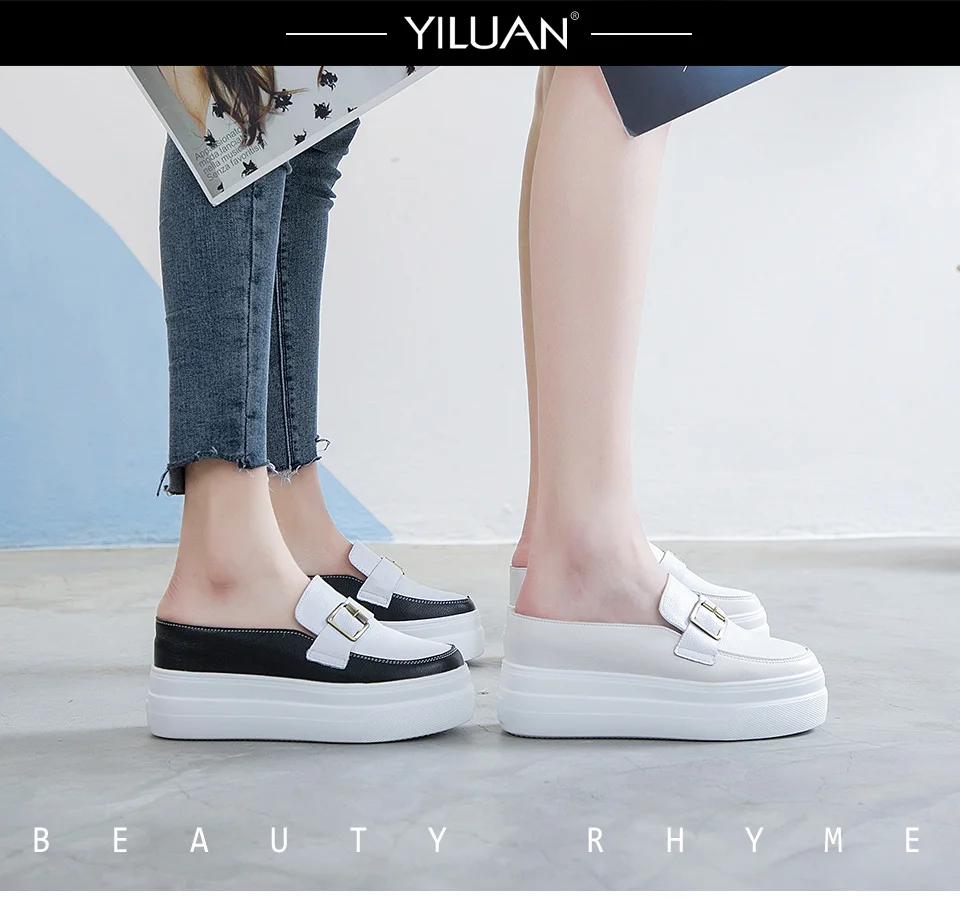 Yiluan/ г. Летние новые женские туфли сандалии из натуральной кожи шлепанцы с металлической пряжкой Baotou обувь на платформе женские туфли на танкетке