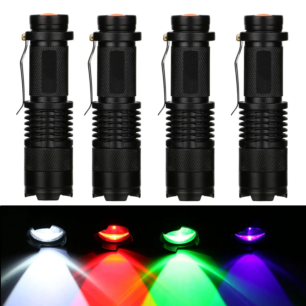 Mini Zoomable Focus Flashlight CREE XPE Red/Green /Purple UV/ White