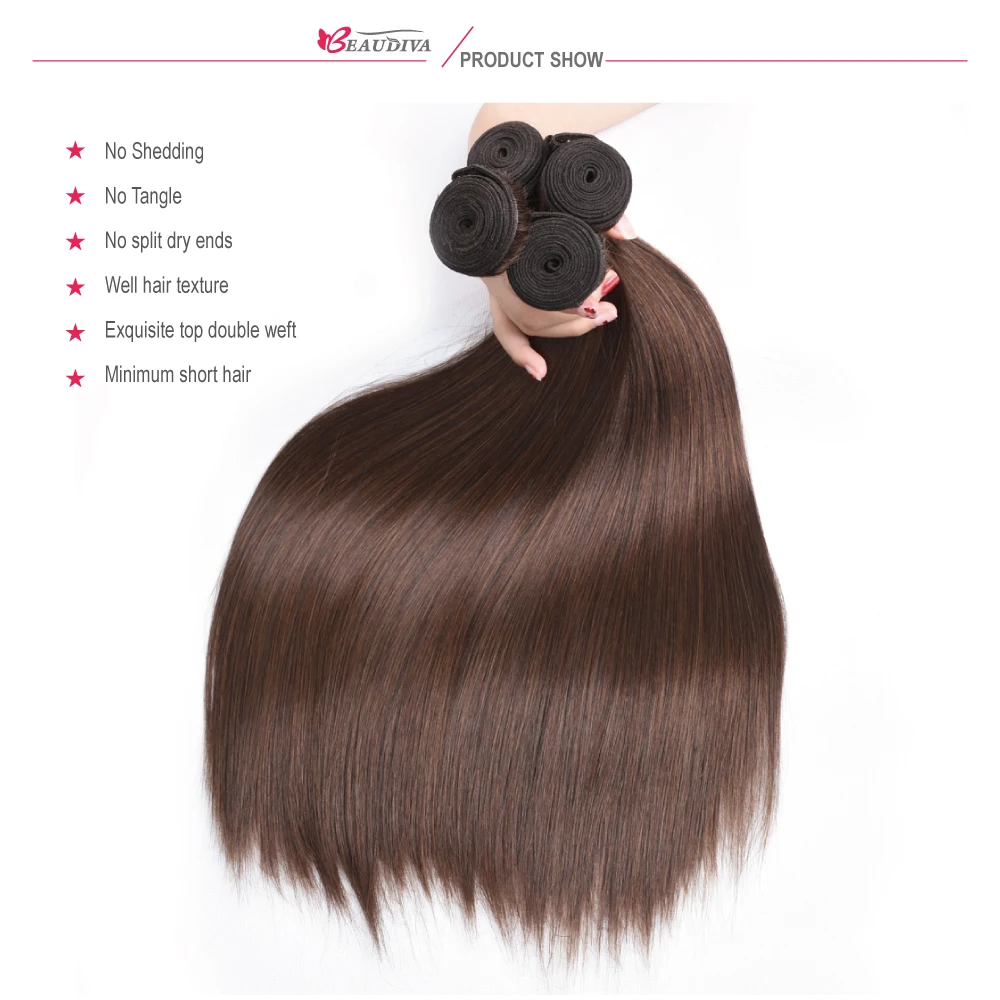 BEAUDIVA Pre-Colored Human Hair Weave with Closure 4*4 Three Bundles with Closure 2# 4# Dark Brown Brazilian Straight Human Hair