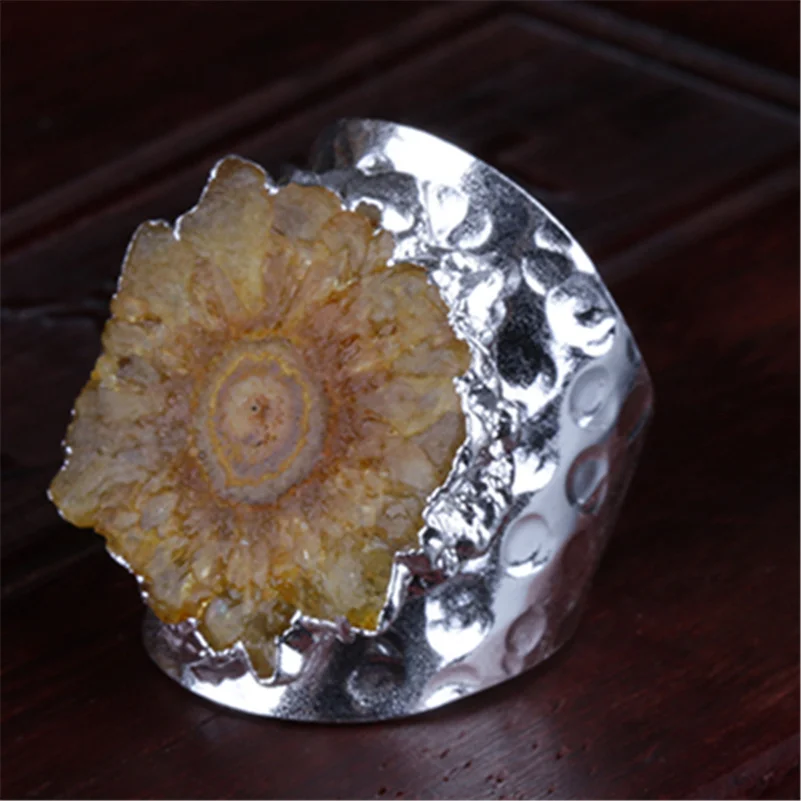 

polished yellow geode crystal stone slice bead charm open silver metal wide wrap hammered resizable ring cuff for woman man