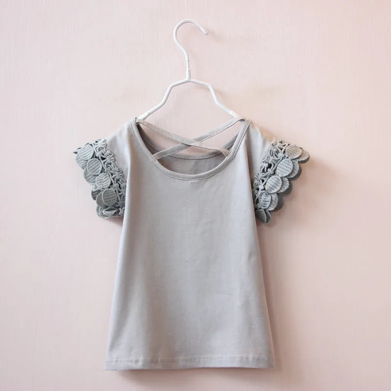

Sweet Girls T-shirt Summer Short Sleeve Girl Blouses Kids Cute Lace Ruffle Cotton Tops Baby Clothes 1-6 Years