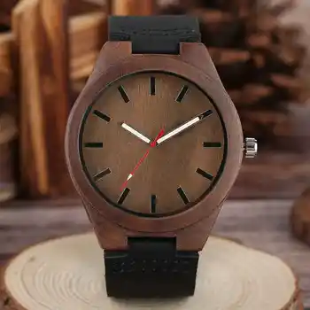 

New Fashion Casual Quartz Mens Watch Natural Bamboo Wood Watches with Black Genuine Leather Band Modern Men and Women Wristwatch