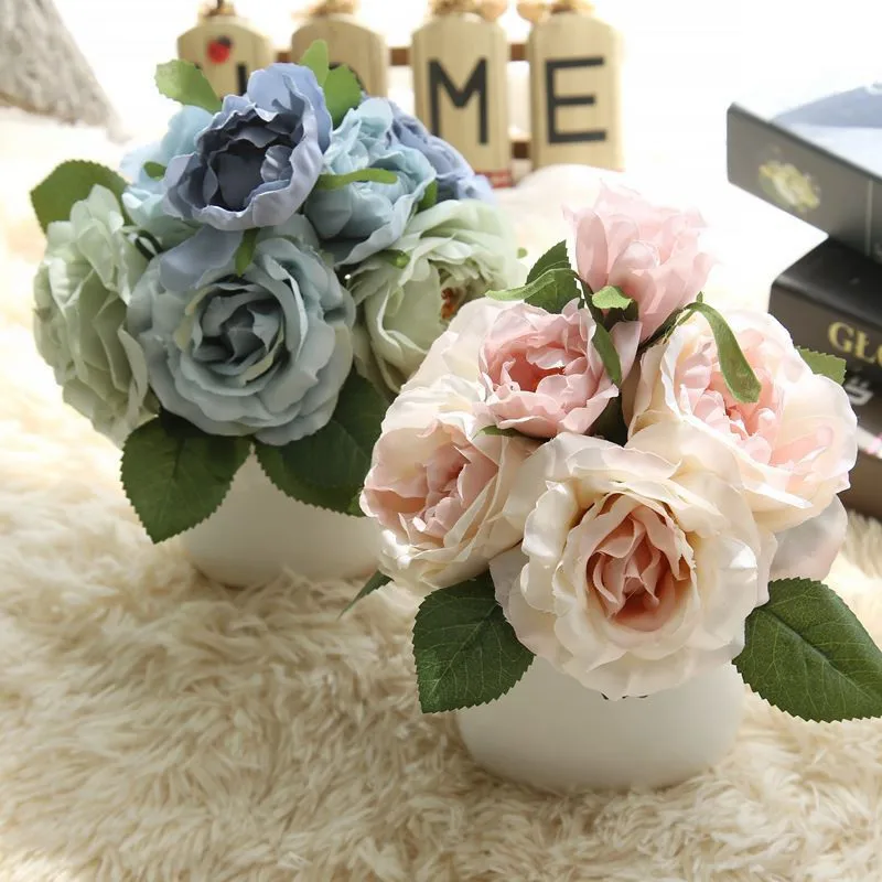 5Bouquet Silk Rose European Style Artificial Flower High Quality Bouquet Fake Flowers Wedding Home Party Decoration three colors