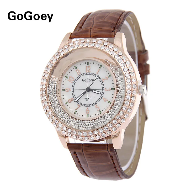 Hot Sales Gogoey brand Rhinestone Beads Leather Watch Women Ladies Crystal Dress Quartz Wristwatch Relogio Feminino go007