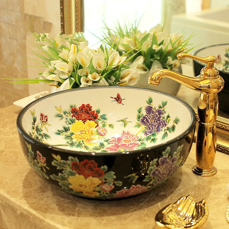 Europe Vintage Style Lavobo Ceramic Washing Basin Counter top Bathroom Sink hand painted vessel sinks Peony painting black (4)