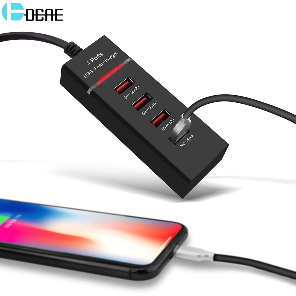 DCAE 4 USB зарядное устройство, светодиодный светильник, настенное зарядное устройство, быстрая зарядка, зарядное устройство для мобильного телефона, ЕС, США, переходник для iPhone X 8, 7, 6 S, samsung, Xiaomi