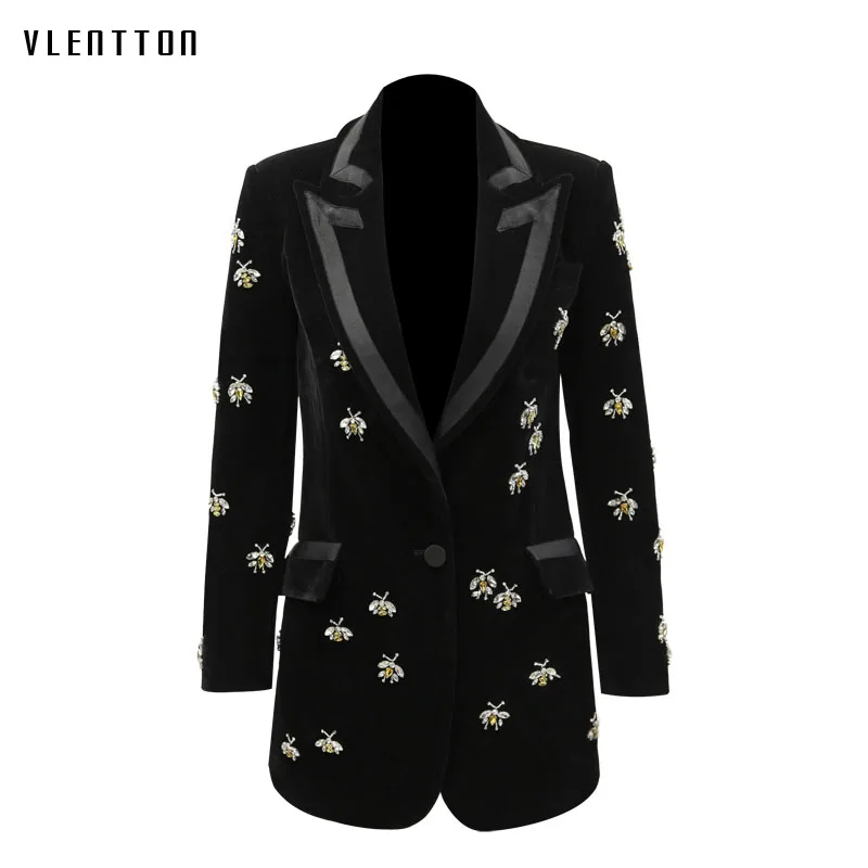 Gold velvet blazer woman spring Autumn 2019 new animal Beading  Casual Long Sleeve blazer office Elegant black long blazer women