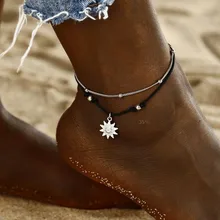 2 слоя в богемном стиле ножной браслет; Комплект бижутерии в стиле «Бохо по низкой цене Для женщин Винтаж и черной нитью в виде солнца Дизайн Аксессуары для ног оптом