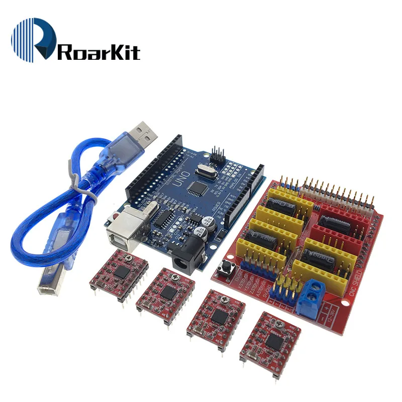 CNC щит V3 гравировальный станок 3d принтер+ 4 шт. A4988/DRV8825/AT2100 Плата расширения драйвера для Arduino+ UNO R3 с USB кабелем