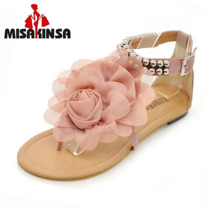 

MISAKINSA gladiator sandals for women beaded summer flower flat heels flip flops women's shoes T-straps sandals size 35-43