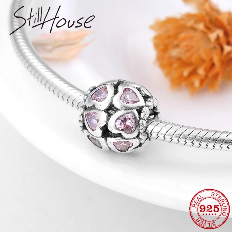 

Woman 2018 fashion luxury 925 Sterling Silver pink Hearts CZ beads Fit Original Pandora Charm Bracelet Jewelry making