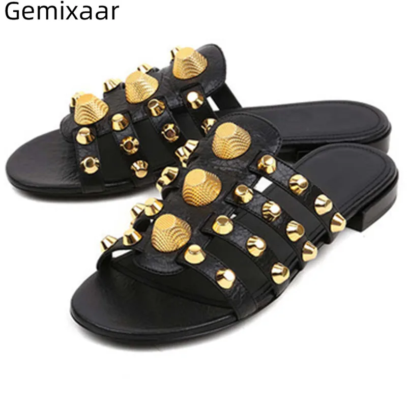 

Genuine Leather Decor Rivet Woman Slippers Round Toe Narrow Band Flat Heel Pumk Slides Multy Colors Comfy Insole Woman Slippers