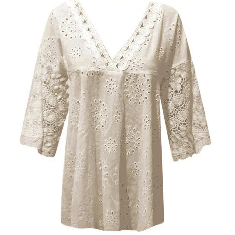

Women Shirt Blouse Plus Size 5XL Geometry V-Neck Summer Large Size Casual Tops Blouse Hollow Out Lace Patchwork Tops Women