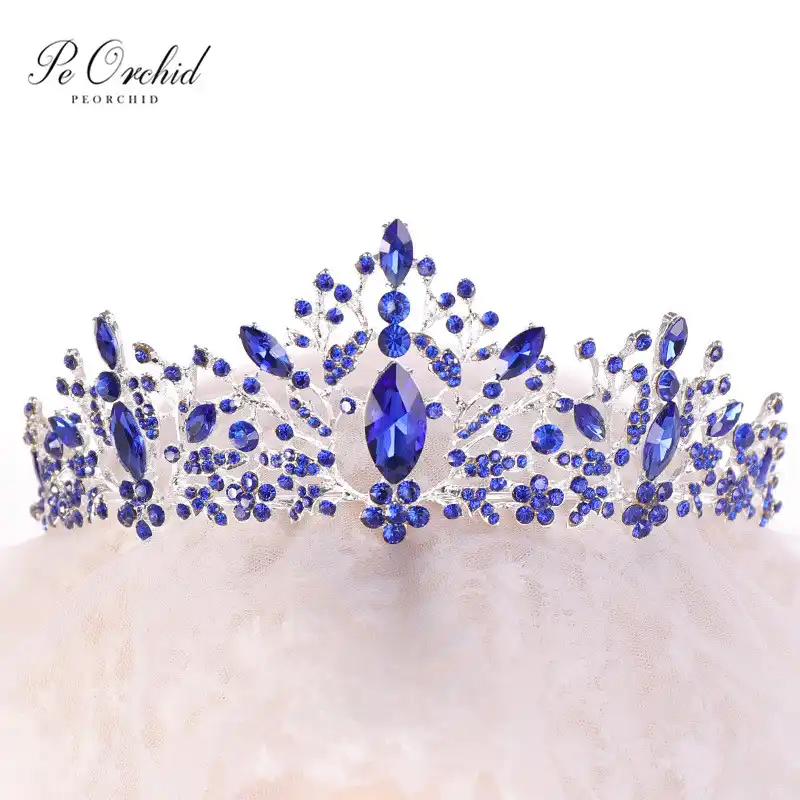 Peorchid Royal Blue Crown Tiara Metal Crystal Wedding Jewelry For