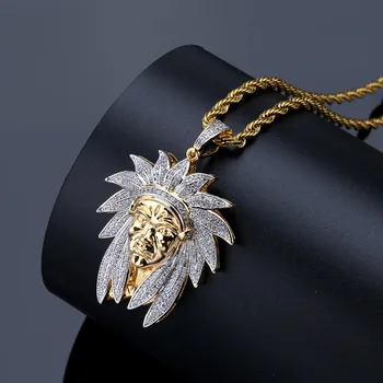 

Luxury Gold Shiny Indian Chief Pendants Necklaces Micro Paved AAA CZ Stone Bling Ice Out Men Hip Hop Rapper Jewelry Party Gift