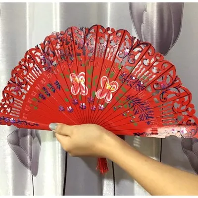 Новые продукты Cheongsam красный Craft Ladies'Folding Fan окрашенный деревянный полый двухсторонний вентилятор страстный испанский танец - Цвет: 7