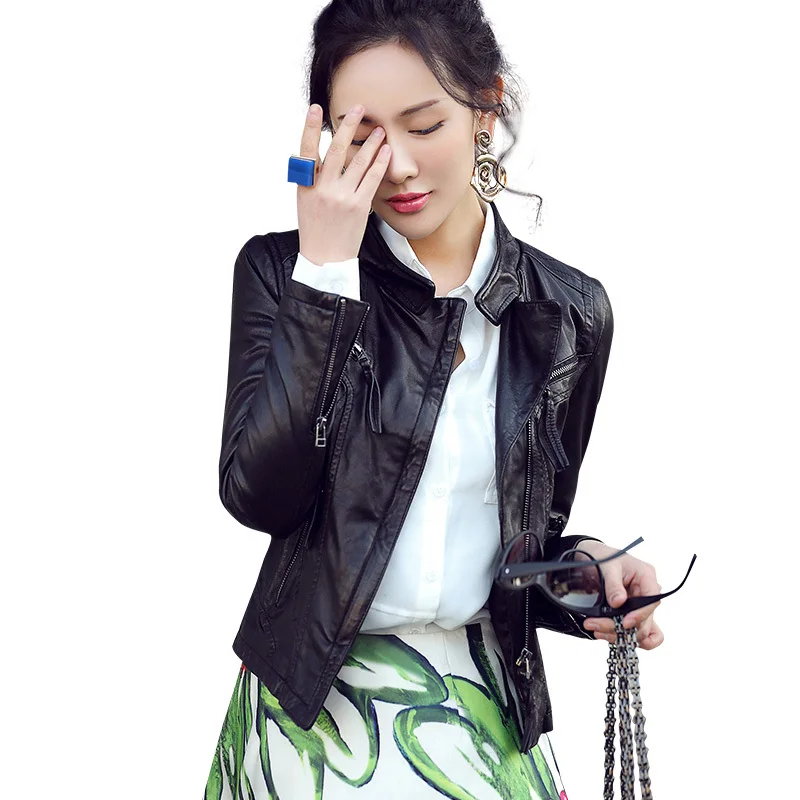 Cuir À Femmes Manches Glissière Courte P1585 Agneau Moto De Véritable Fermeture gray Black Ptslan Jacke Taille En Longues X47qnw