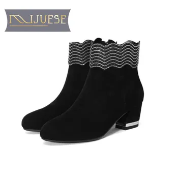

MLJUESE 2019 women ankle boots cow suede black color short plush winter warm fur boots high heels women boots size 34-43