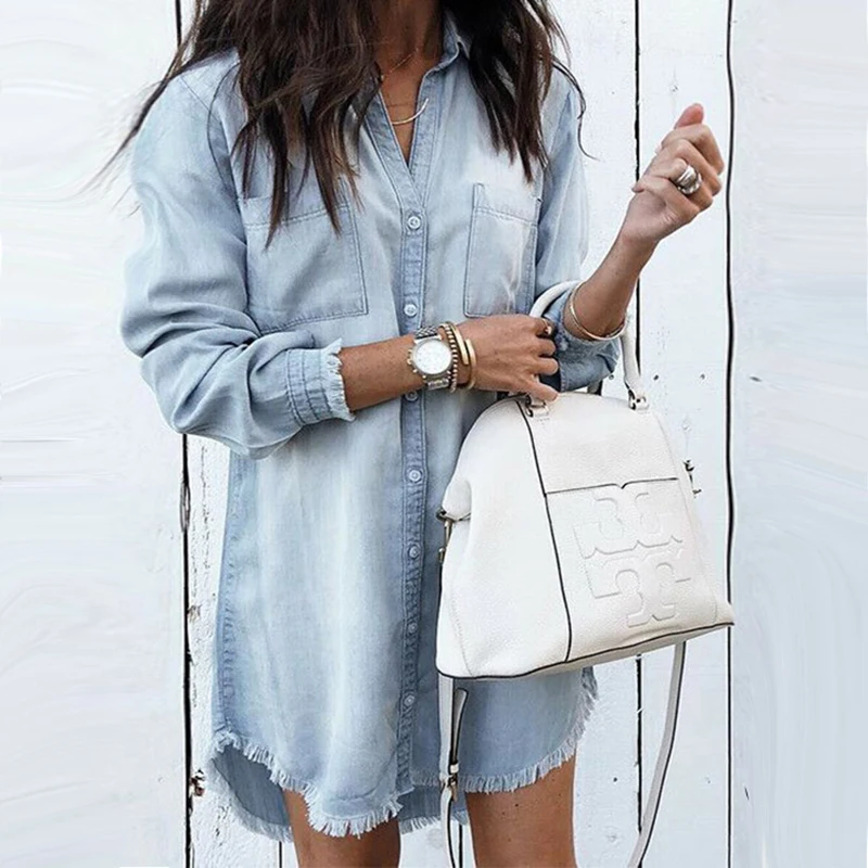 Günstig Quasten Lose Denim Hemd Kleider Frauen Casual drehen unten Kragen Frauen Kleider 2019 Mode Herbst Lange Hülse Dame Kleid