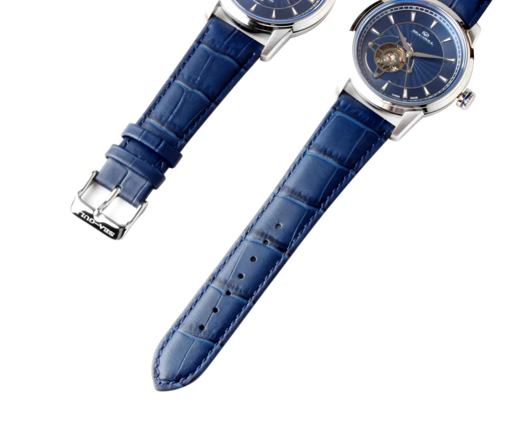 Новое поступление Чайка 3 руки маховик выставка с синим циферблатом автоматические мужские часы из натуральной кожи 819,32, 1014k