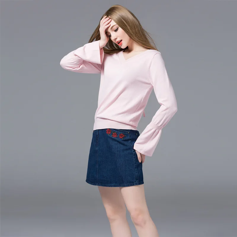 Femmes Chandail Euro Tricoté Col Flare Couleur Simple 2018 Nouveau Jersey Pur Pull Mode Tous Manches V Pink Assortie Style Tggq6wF