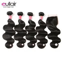 Eullair волосы малазийские объемные волны человеческие волосы плетение 4 Связки с закрытием натуральный цвет малазийские волосы с закрытием