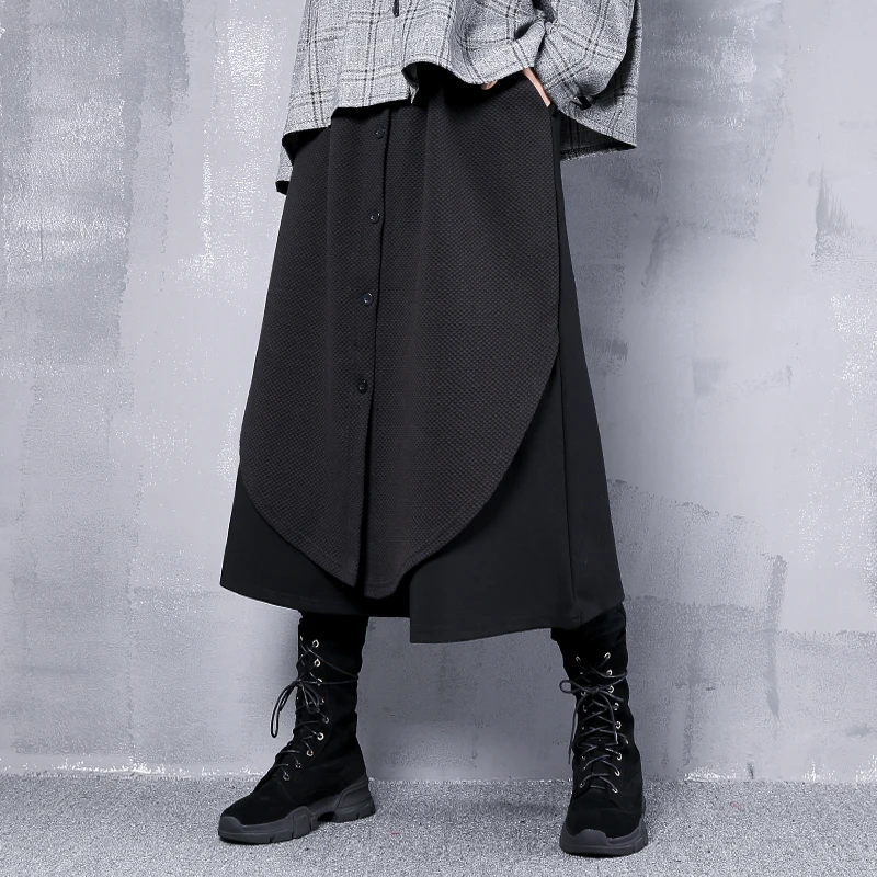

Large size women's casual pants 2018 autumn and winter new double skirt wide leg pants loose high waist pants black