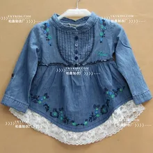 ; Джинсовая блузка для девочек; рубашка с длинными рукавами с вышитыми цветами и кружевными деталями; Весенняя Блузка для девочек